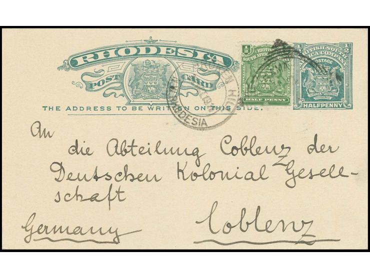 1911, Rhodesien Ganzsachenkarte 1 P. von der Deutschen Motorboot Expedition durch Afrika aus "KASAMA, NORDRHODESIEN 7.10.1911