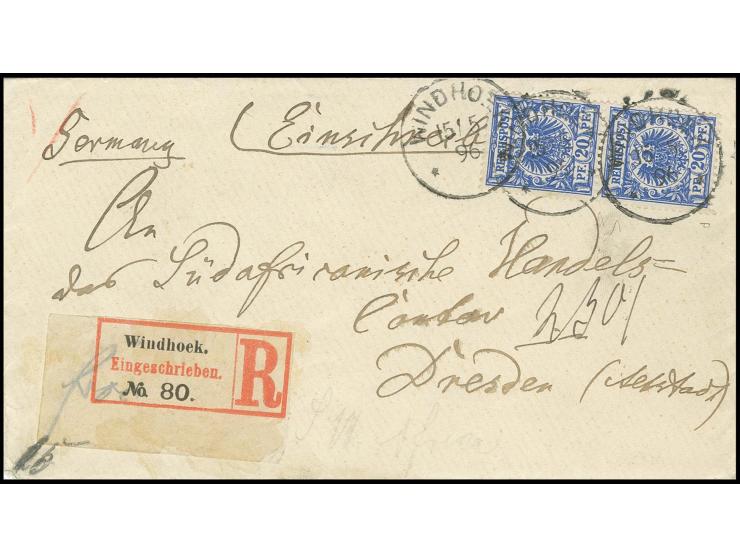 Vorläufer: 20 Pfg. violettultramarin im senkrechten Paar mit EKr. "WINDHOEK 15/5 96" auf kleinem Bedarfs-R-Brief nach Dresden