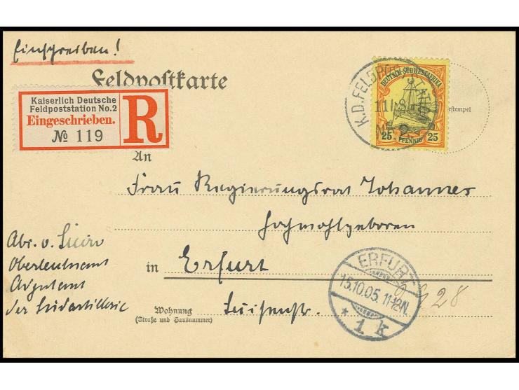 1901, 25 Pfg., gestempelt "K.D.FELDPOST-STATION No.2/11/8" (1905) auf Reco-Karte nach Erfurt mit Ankunftsstempel