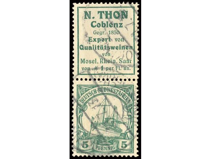 1911, "N.Thon" + 5 Pfg., gestempelt "OKAHANDJA 21.7.13", Zähnung oben korrigiert und ein kurzer Zahn rechts, sonst gute Erhal