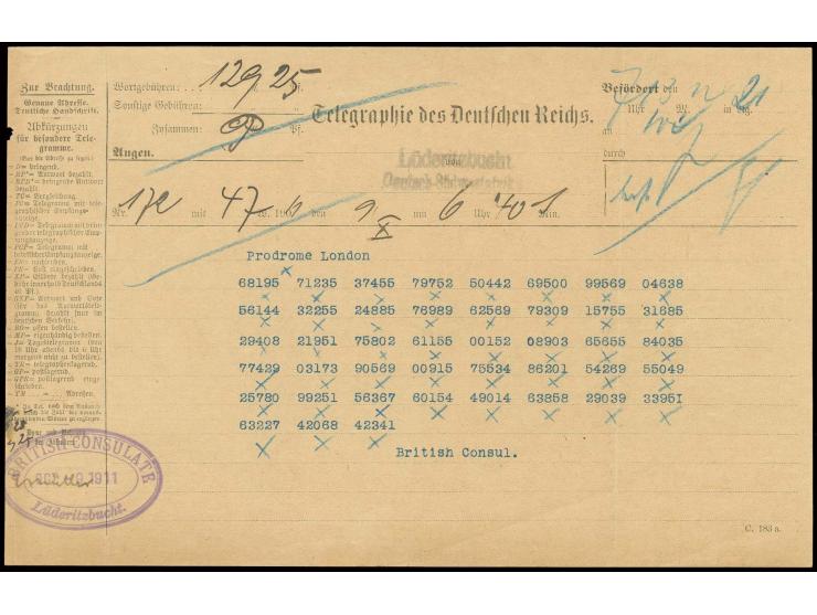 1901, Telegrammformular (C183a) mit Vordruck "Telegraphie des deutsche Reichs" und L2 "Lüderitzbucht/Deutsch-Südwestafrika" m