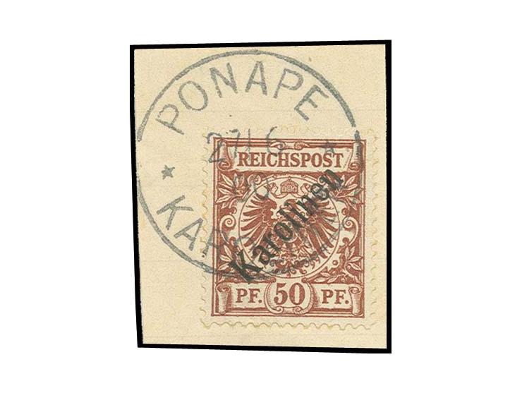 1899, Diagonalaufdruck 3-50 Pfg. kpl., alle sauber entwertet mit zeitgerechten Stempeln "PONAPE 4/1 00", die 50 Pfg. auf Brie