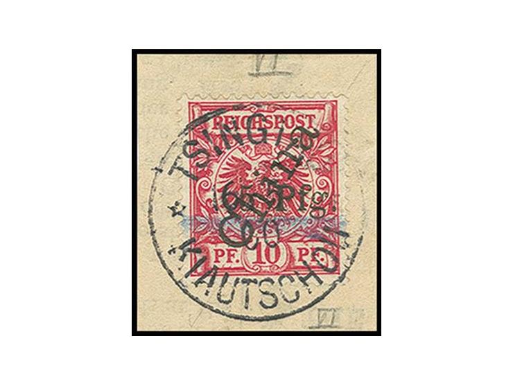 1900, 1. Tsingtau-Ausgabe 5 Pfg. auf 10 Pf. (Überdrucktype 6) und Stempel "TSINGTAU 16 5 00" auf kleinem Briefstück, leichter