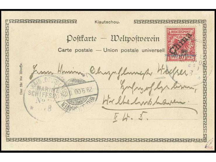2. Tsingtau-Ausgabe 5 Pf. auf 10 Pfg. (Type 1) mit EKr. "KAIS. DEUTSCHE MARINE-SCHIFFSPOST No. 20/1../8" auf Postkarte nach W