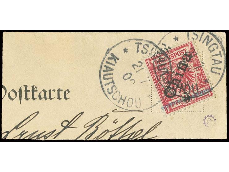 5 Pf. auf 10 Pfg. (Überdruck in Type 3a) mit zusätzlichem Handstempel "5" mit EKr. "TSINGTAU 21.7.00" auf Briefstück; eines d