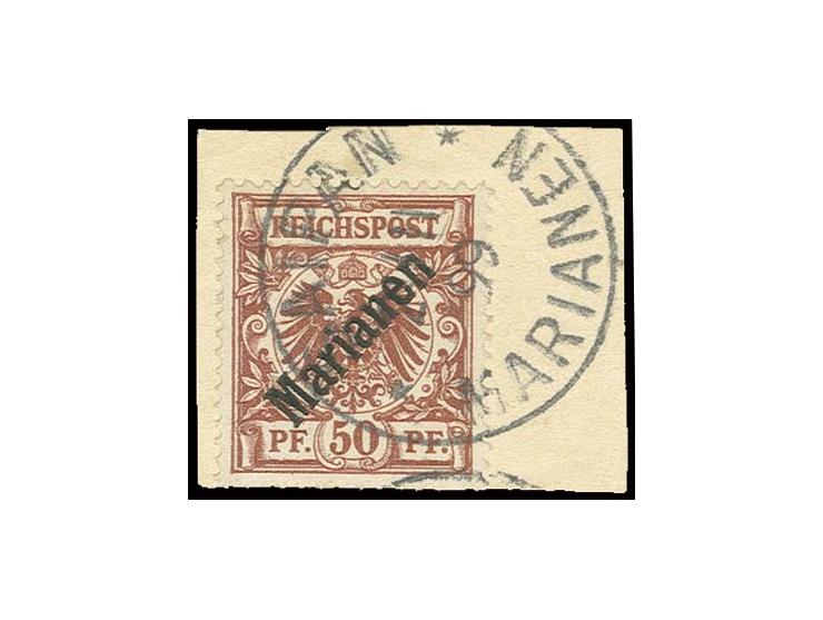1899, Diagonalaufdruck 50 Pfg. mit sauberem zeitgerechtem Stempel "SAIPAN 21/11 99" auf kleinem Briefstück, Kabinett, Fotoatt