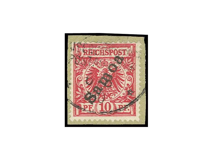 1900, 10 Pfg. dunkelrosarot mit Stempel auf kleinem Briefstück, Pracht, Befund Jäschke-L. BPP