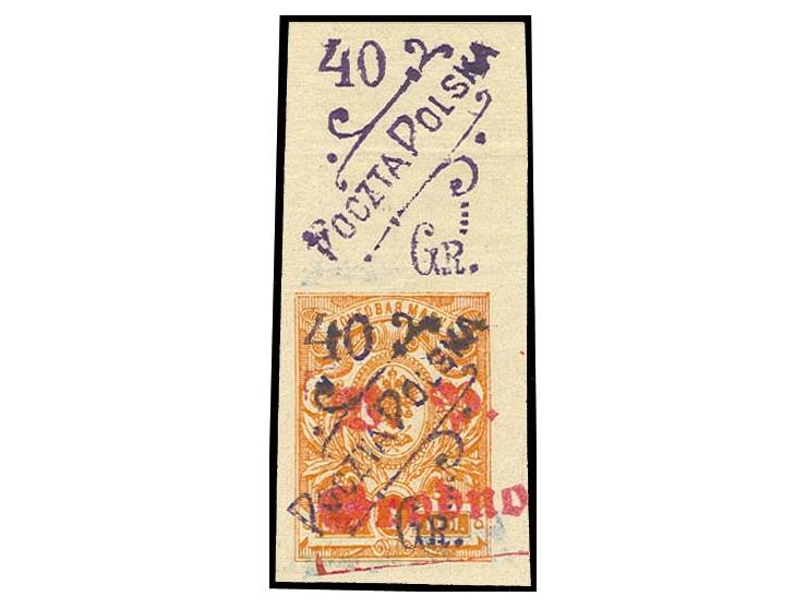 40 Gr. auf 1 Kop. geschnitten, allseits breitrandiges Oberrandstück mit zusätzlichem polnischem Aufdruck auf dem Oberrand, po