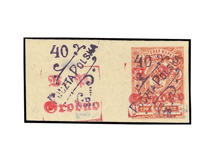 40 Gr. auf 3 Kop., polnischer Aufdruck in violett, linkes Randstück mit zusätzlichem polnischem und deutschem Aufdruck auf de
