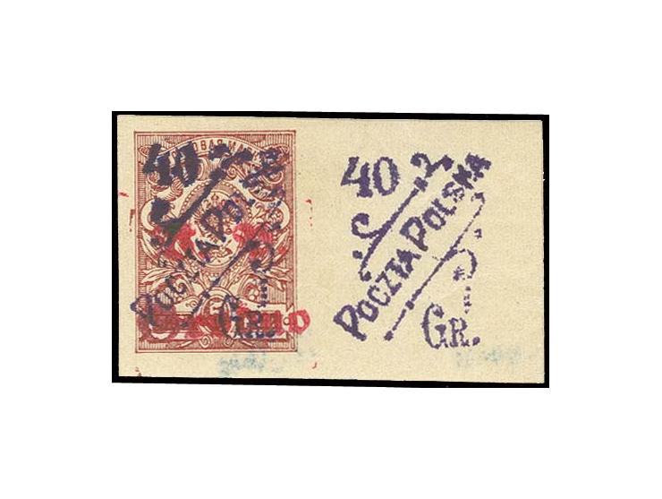 40 Gr. auf 5 Kop., allseits breitrandiges rechtes Randstück mit zusätzlichem polnischem Aufdruck auf dem Bogenrand, ungebrauc