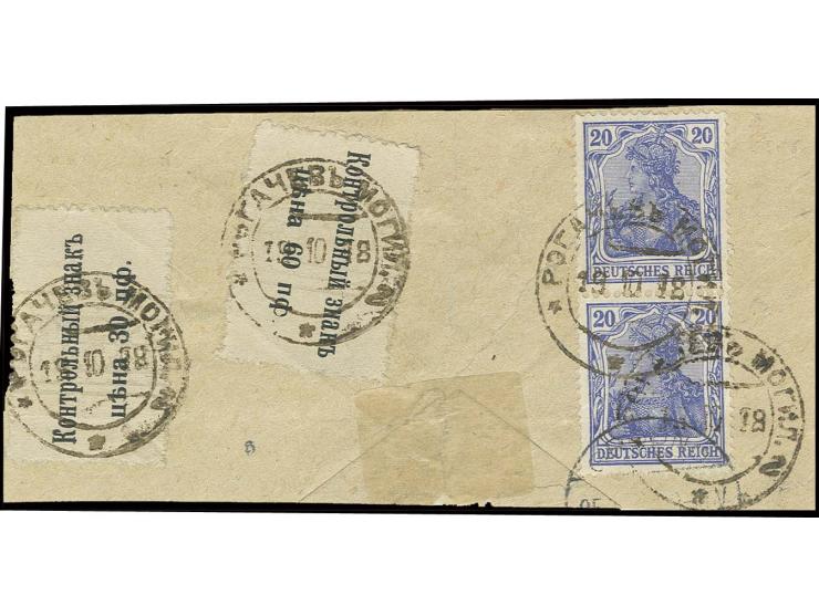 30 und 60 Pfg. mit DR Germania 20 Pfg. (2) auf Briefstück (gestützt) von "ROGATSCHEW 19.10.18"