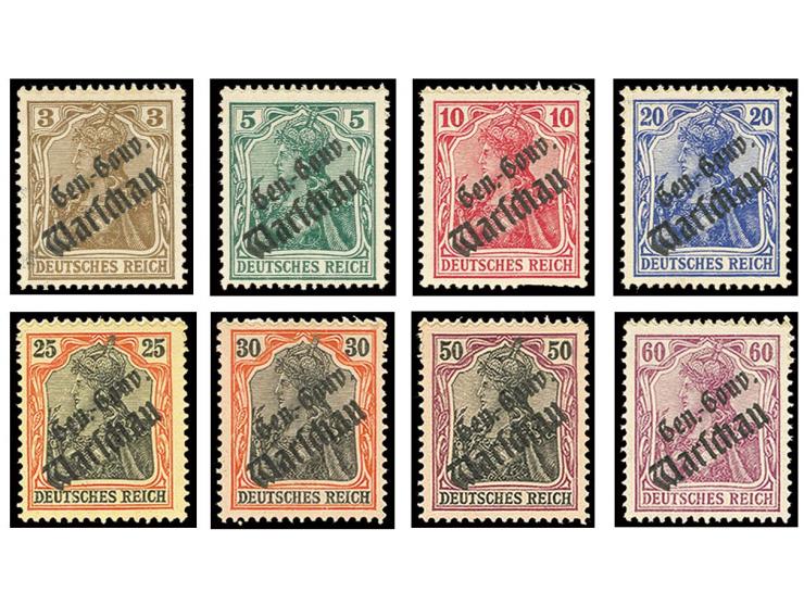 1916, Probedrucke 3-60 Pfg. kpl. mit Aufdruck "Gen.-Gouv./Warschau" in abweichender Type, ungebraucht mit Papierfalzrest, wah