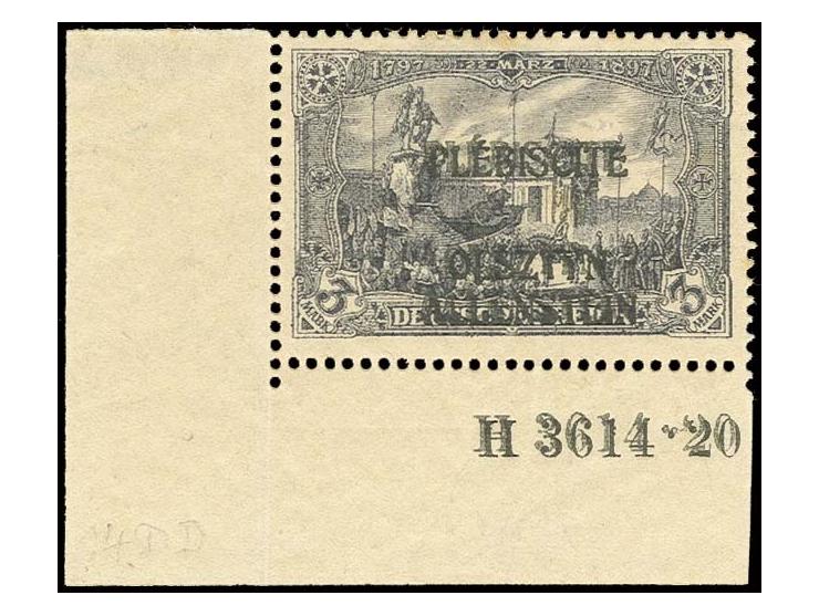 1920, 3 M. mit Doppelaufdruck, linke untere Bogenecke, ungebraucht, in der senkrechten Zähnung leicht gefaltet, in dieser For