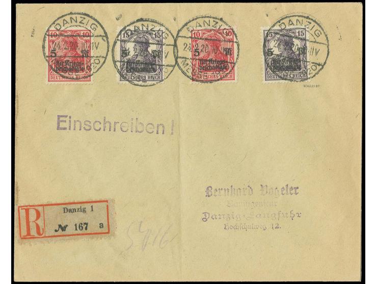 Vorläufer: Kriegsgeschädigte 10 Pfg. rot und 15 Pfg. schwarzviolett, jeweils 2 Werte mit Stempel "DANZIG MESSE 24.2.20" auf m