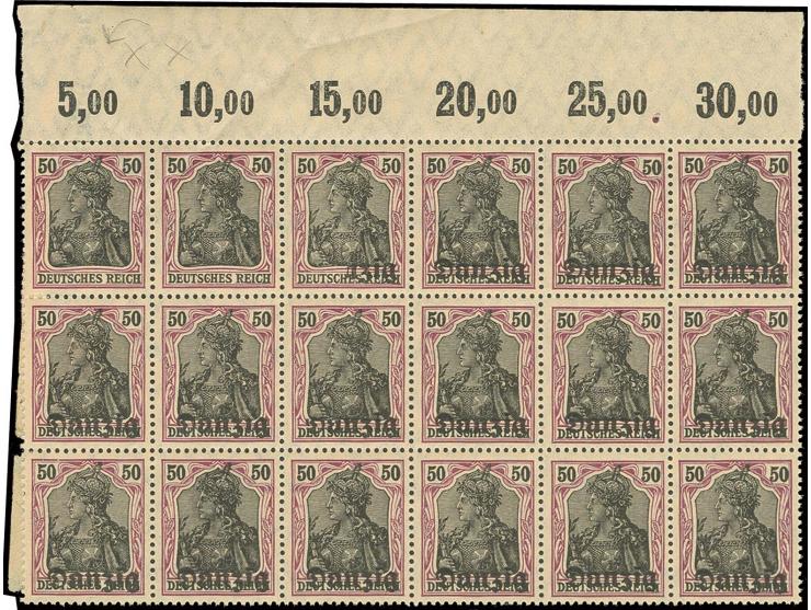 1920, "Danzig" auf Germania: 50 Pfg. im linken unteren Eckrand-4er-Block, dabei linke untere Marke nur mit Teilaufdruck "nzig