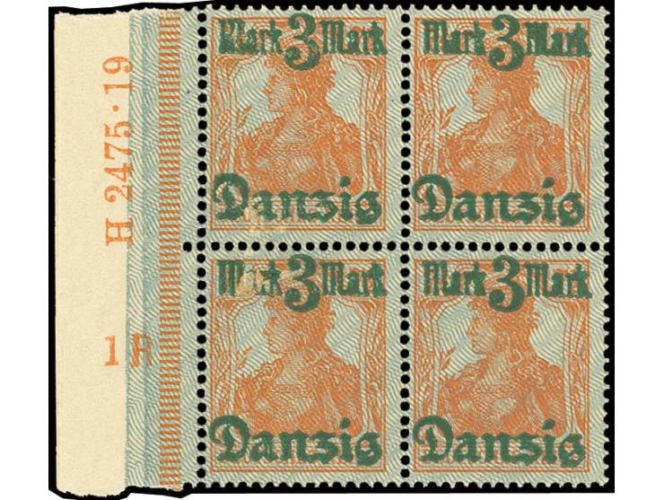 3 M. im Viererblock mit linkem Bogenrand und doppeltem Netzunterdruck, HAN "H2475 19" sowie Druckerzeichen "R", zwei Marken m