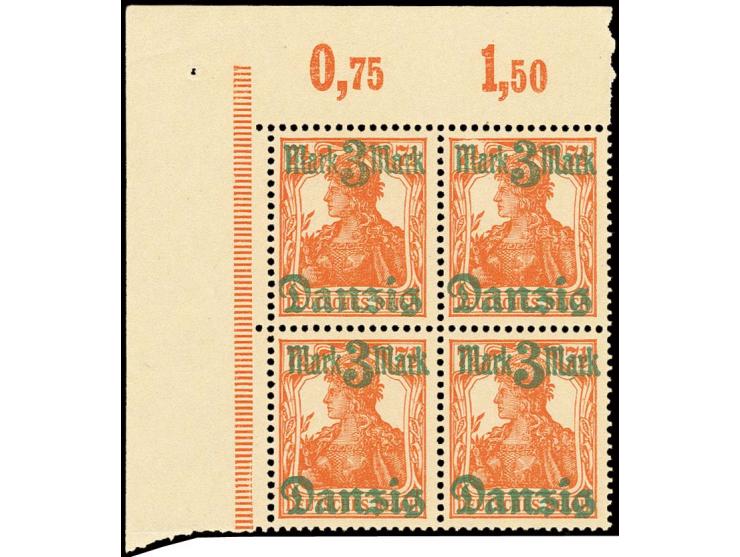 3 M. im linken oberen Eckrand-4er-Block, postfrisch, eine seltene Einheit, Kabinett, Fotoattest Gruber BPP