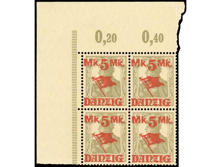 5 M. im Viererblock aus der linken oberen Bogenecke, postfrisch, eine seltene Einheit, Kabinett, Fotoattest Gruber BPP