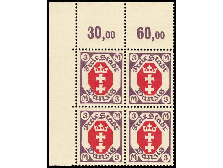 1921 Kleines Staatswappen 3 M. mit stehendem Wasserzeichen, im 4er-Block aus der linken oberen Bogenecke, postfrisch, Kabinet