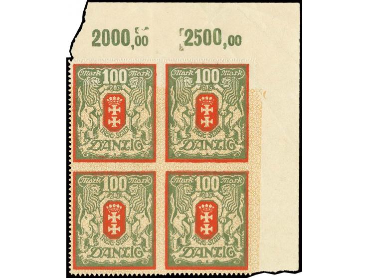 1922, Grosses Staatswappen 50 und 100 M. in allen Farb- und Wasserzeichenvarianten in sechs Eckrandviererblocks, teils leicht