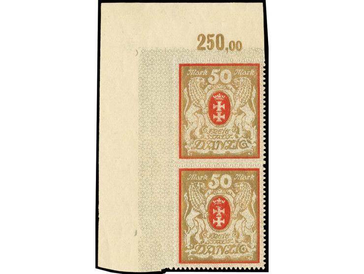 50 M. rot/gold, Wasserzeichen X, senkrechtes Paar aus der linken oberen Bogenecke, postfrisch, Kabinett (im Rand Haftstellen)