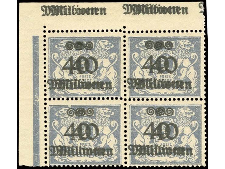 40 Mio. M. mit doppeltem Aufdruck im 4er-Block aus der linken oberen Bogenecke, postfrisch, Pracht