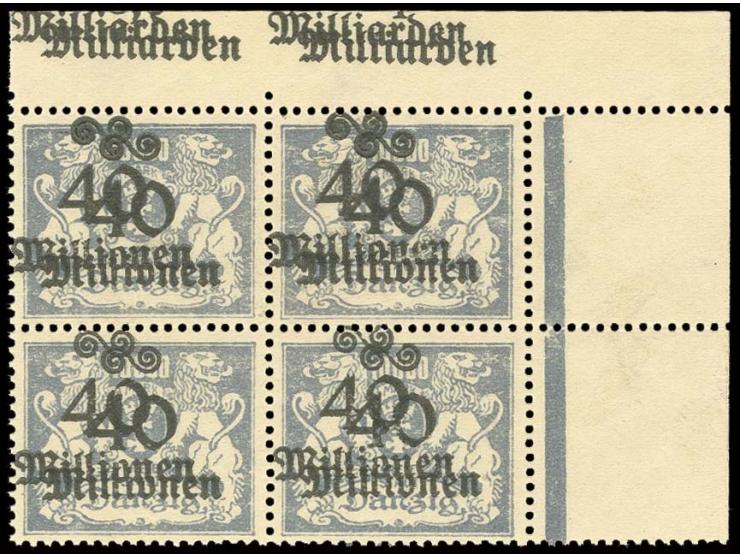 40 Mio. M. mit doppeltem Aufdruck im 4er-Block aus der rechten oberen Bogenecke, postfrisch, Pracht