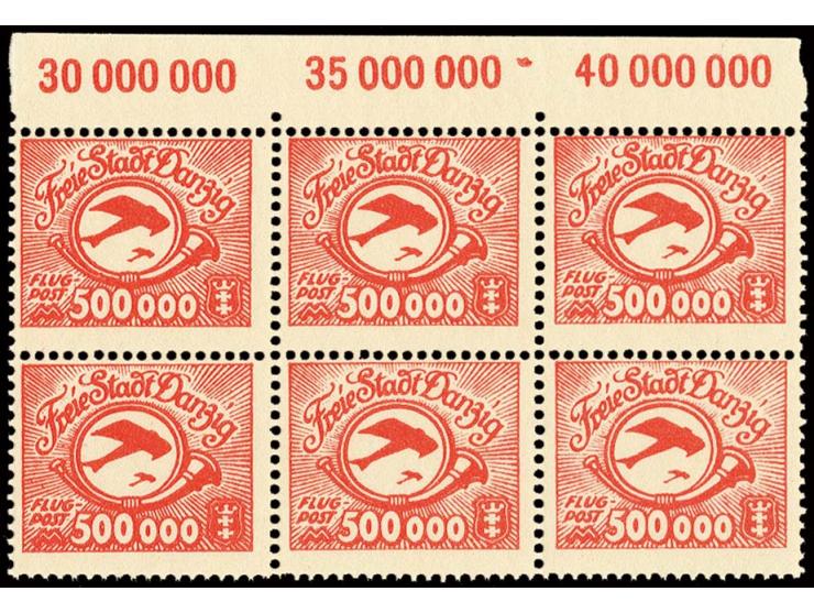 1923, Flugpost 500000 M. mit stehendem Wasserzeichen im Oberrand-Sechserblock, postfrisch, Kabinett