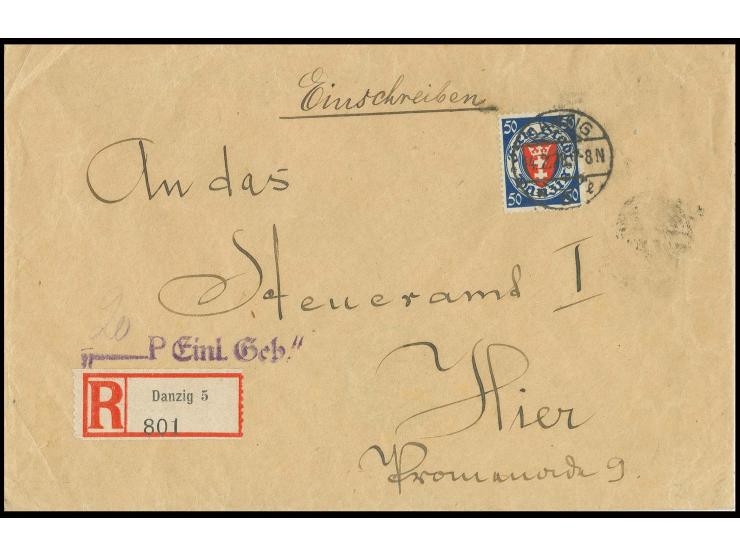 1924, Wappen 50 Pfg. blau als portogerechte Einzelfrankatur auf R-Ortsbrief mit Späteinlieferung aus "DANZIG 14.2.28" mit vio