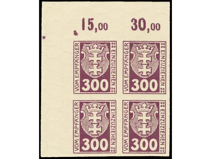PORTOMARKEN: 1921, 40 ,75, 200 und 300 Pfg. in Randviererblocks, ungezähnt, teilweise rückseitig mit leichtem Farbabklatsch, 