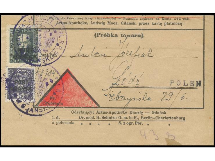 PORT GDANSK: 1929, 1 Zl. mit Wappen 5 Gr. mit violettem Siegelstempel auf Nachnahmestreifband nach Lodz, 1 Zl. Gummi etwas du