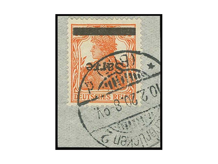 1920, "Sarre" auf Germania: 7 1/2 Pfg. mit kopfstehendem Aufdruck und Stempel "SAARBRÜCKEN 2 (Bhf.) 10.2.20" auf Briefstück, 