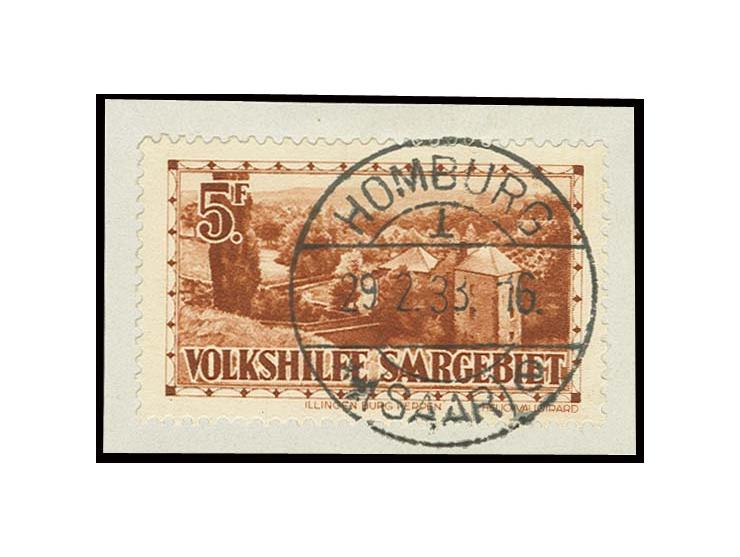 1932, Volkshilfe 40 C.- 5 Fr. kpl., sauber gestempelt "HOMBURG 29.2.33" auf Briefstücken, Kabinett, sign. W. Brandes (Mi. 800
