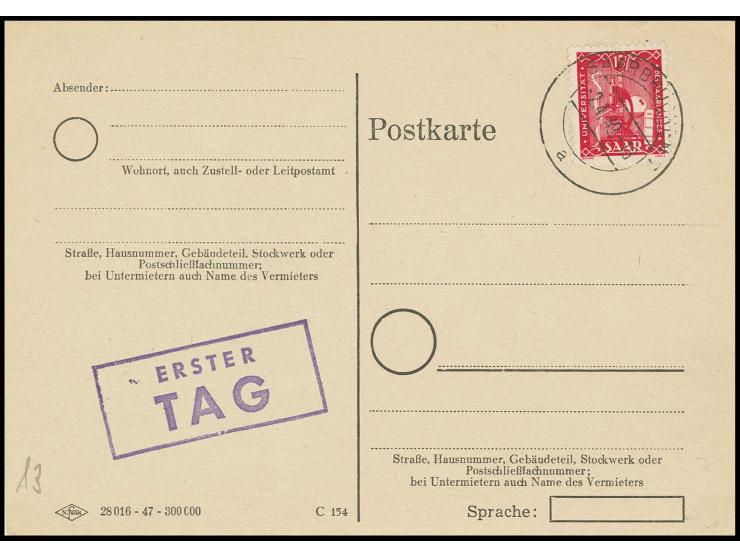 1948, Wiederaufbau 15 Fr. mit Ersttagsstempel "SAARBRÜCKEN 2.4.49" auf Blanko-Karte, Fotoattest Ney BPP (Mi. 4000,-)