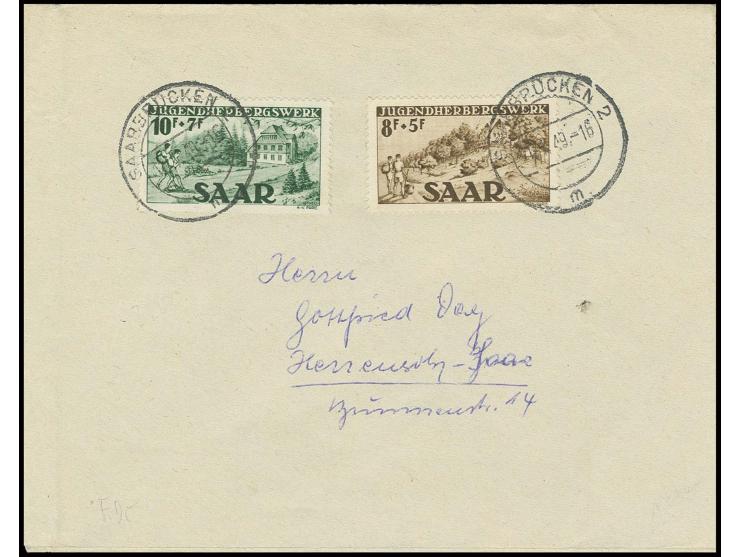 1949, Jugendherberge 8 und 10 Fr. mit Ersttagsstempel "SAARBRÜCKEN 11.1.49" auf Brief, dabei 10 Fr. mit Plattenfehler "Rahmen