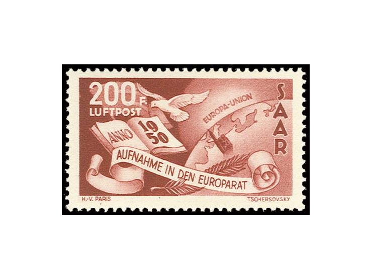 1950, Europarat 200 Fr. mit Plattenfehler "weisser Punkt hinter F", postfrisch, Fotoattest Ney BPP