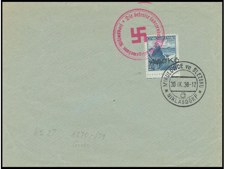 1938, 4,50 Kc. mit Unterrand mit Stempel "MIKULOWICE ve SLEZSKU 30.IX.38" auf Blanko-Umschlag, sehr selten und bis dato nur 3