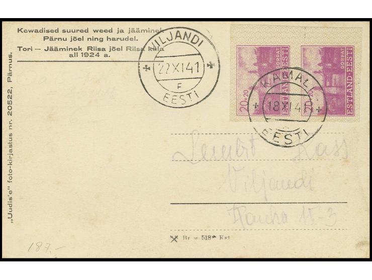Wiederaufbau 20 Pfg. im ungezähnten senkrechten Bogenrandpaar mit Stempel "KAMAL 18.XI.41" auf Bildpostkarte nach Viljandi mi