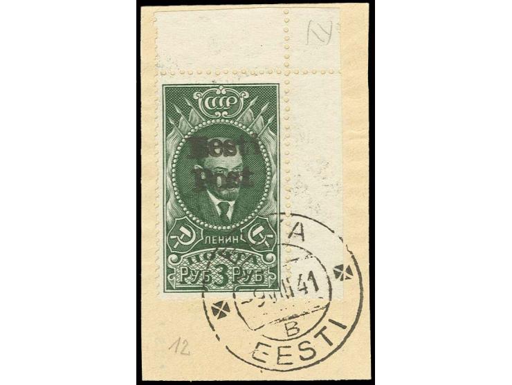 3 R., rechtes oberes Eckrandstück mit Stempel "ELVA EESTI 9 VIII 41" auf Briefstück, mittig links ein fehlender Zahn, sign. K