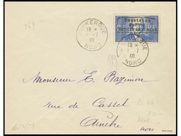 5 Fr. Carcasonne mit Stempel "DUNKERQUE 1 -7 40" auf Brief nach Arneke mit Ank.-Stempel, kleine Zahnfehler, sign. Pickenpack 