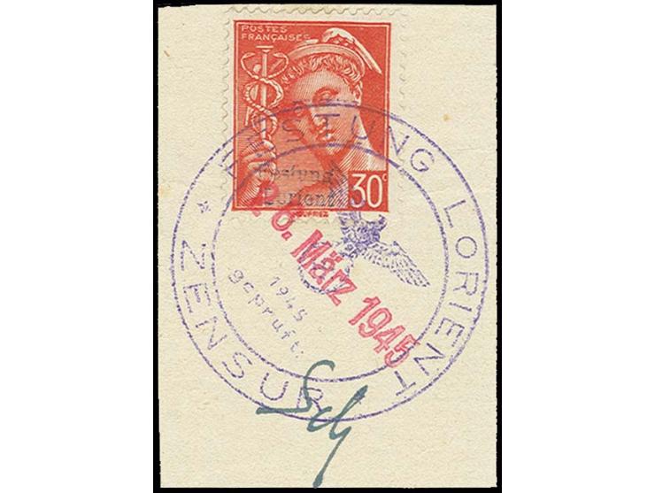30 C. mit Stempel "FESTUNG LORIENT ZENSUR 26. März 1945" auf Briefstück, nebengesetzt die Paraphe des Zensuroffiziers Dr. Sch