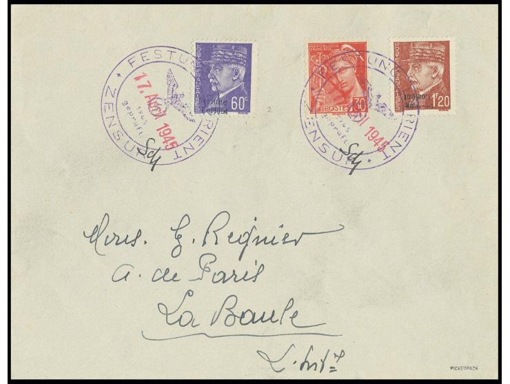 60 C. und 1,20 Fr. und Frankreich 30 C. mit Stempel "FESTUNG LORIENT ZENSUR 17. April 1945" und nebengesetzter Paraphe des Ze