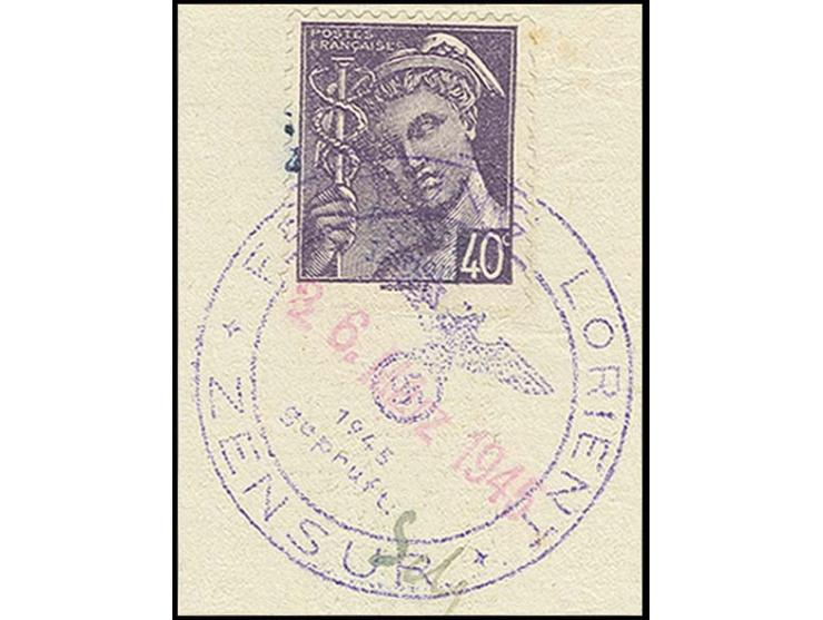 40 C. mit Stempel "FESTUNG LORIENT ZENSUR 26. März 1945" auf Briefstück (zur Kontrolle gelöst), nebengesetzt die Paraphe des 