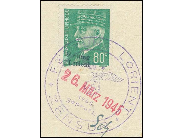 80 C. mit Stempel "FESTUNG LORIENT ZENSUR 26. März 1945" auf Briefstück, nebengesetzt die Paraphe des Zensuroffiziers Dr. Sch