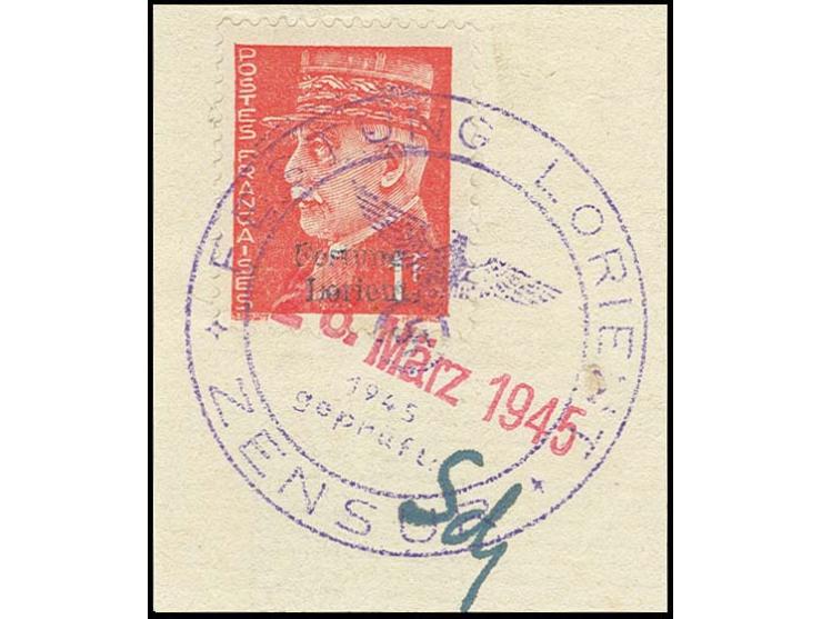 1 Fr. mit Stempel "FESTUNG LORIENT ZENSUR 26. März 1945" auf Briefstück, nebengesetzt die Paraphe des Zensuroffiziers Dr. Sch
