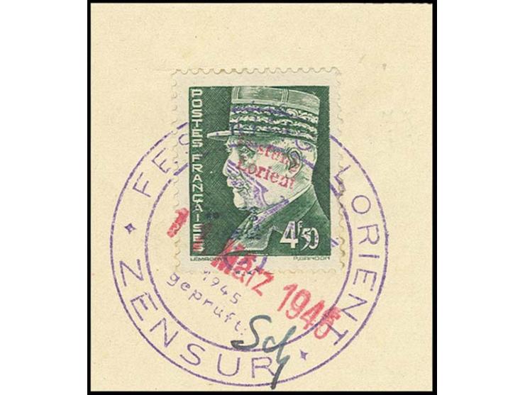 4.50 Fr. mit rotem und schwarzem Aufdruck mit Stempel "FESTUNG LORIENT ZENSUR 11. März 1945" auf Briefstück, nebengesetzt die