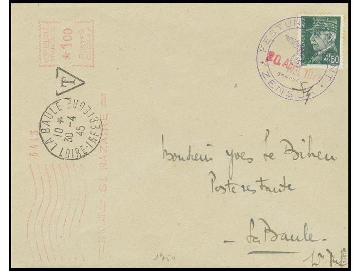 4,50 Fr. mit Stempel "FESTUNG LORIENT ZENSUR 20. April 1945" und nebengesetzter Paraphe des Zensuroffiziers Dr. Schmitt auf B