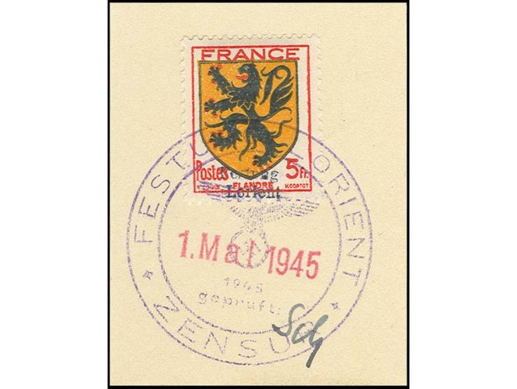 5 Fr. mit Stempel "FESTUNG LORIENT ZENSUR 1. Mai 1945" auf Briefstück (zur Kontrolle gelöst), nebengesetzt die Paraphe des Ze