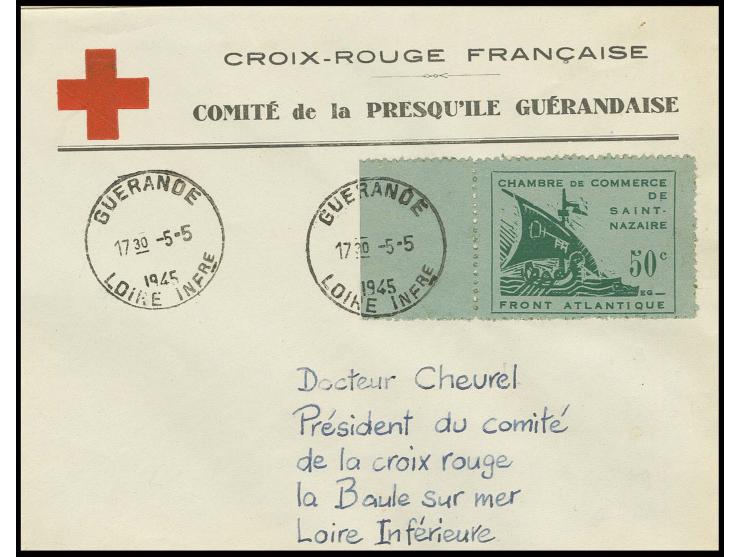1945, Handelskammer 50 C. und 2 Fr., jeweils linkes Randstück mit Stempel "GUERANDE 5.5.1945" auf 2 Rot-Kreuz-Sonderumschläge
