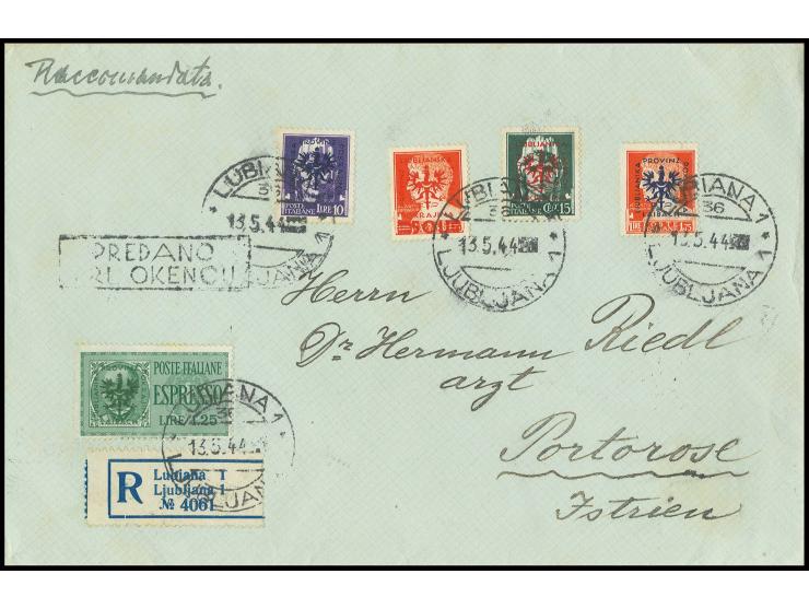 1944, 15 C., 1,75, 10 und 50 L. und Eilmarke 1,25 L. auf Zensur-R-Brief von "LUBIANA 13.5.44" nach Pola mit Ankunftsstempel (